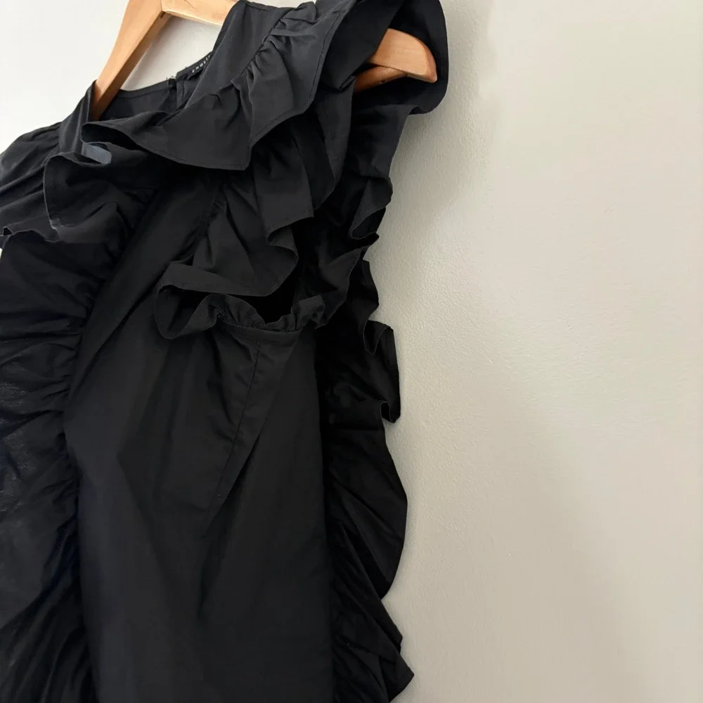 English Factory Betty Poplin Blouse S Black Ruffle Flutter Sleeve Cotton Boxy - Picture 6 of 8